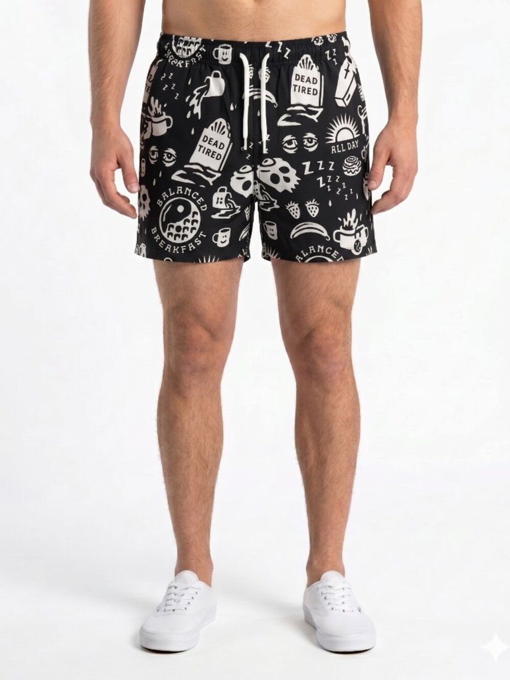 Pyknic Dead Tired Balanced Breakfast Food Doodle Print Shorts Black White Size M
